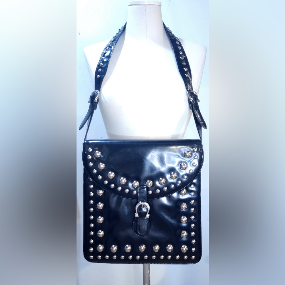 💎Sale Price...DONALD J. PLINER black leather Western satchel with silver studs